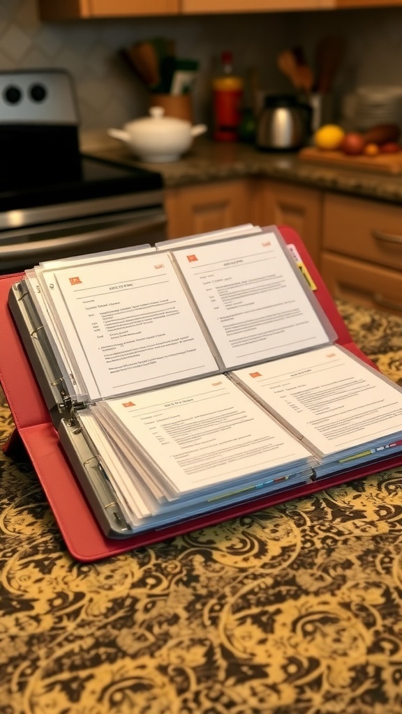 Homemade Recipe Binder An organized recipe binder with colorful recipe cards and decorative elements on a kitchen counter.